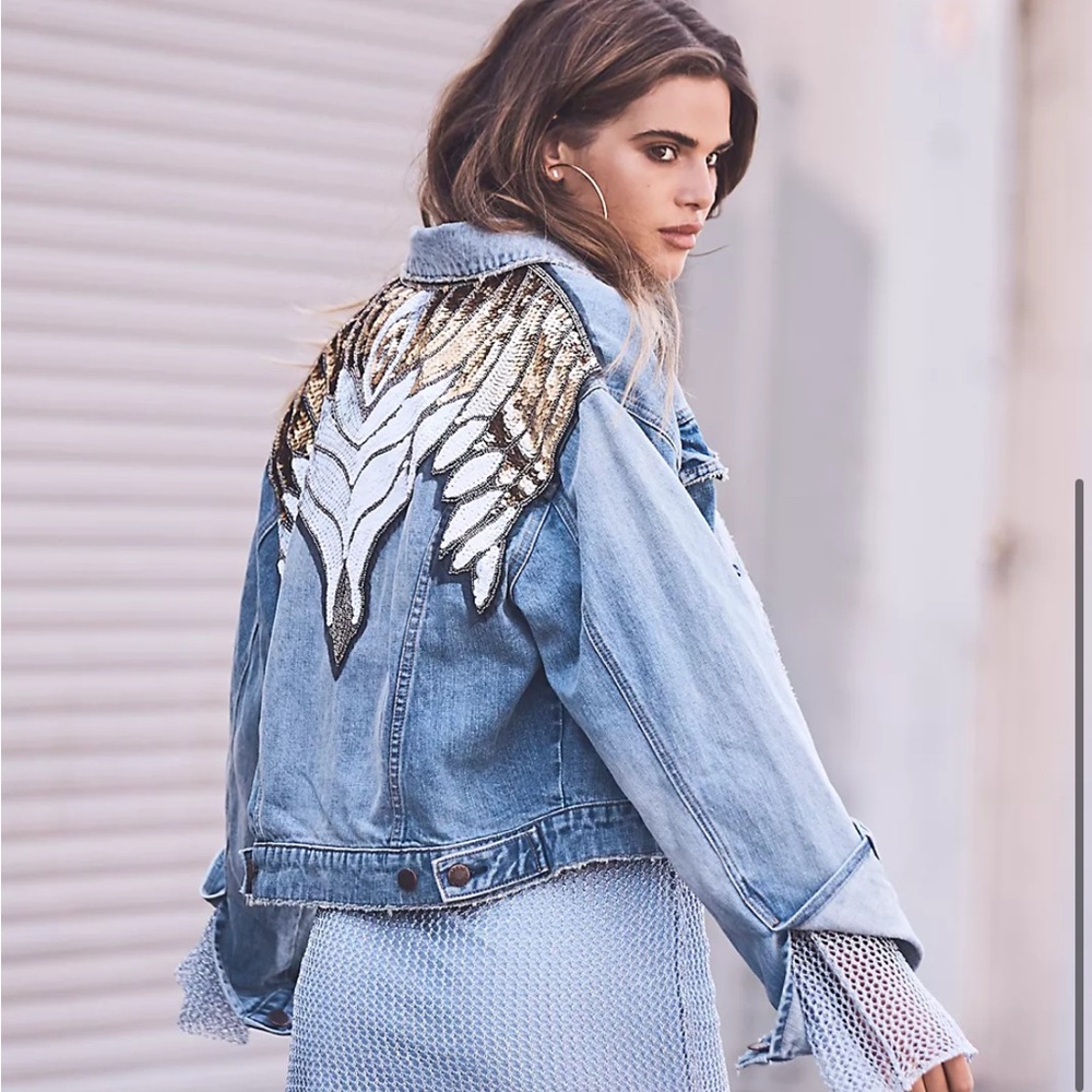 Free People Vintage Glam Embellished Denim Jacket